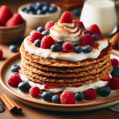 Tortitas Dukan con frutas del bosque, nata y cuencos de frutas.